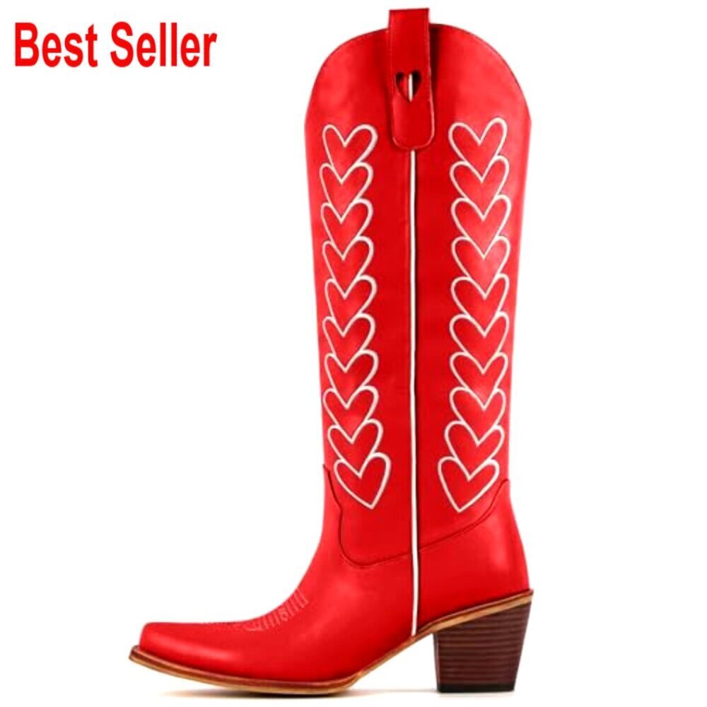Knee High Cowboy Boots with Hearts Embroidery, Chunky Heel, Western Style - Picture 2 of 4
